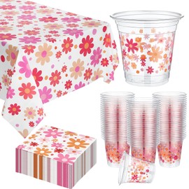 Ziliny 50 Boho Groovy Plastic Disposable Daisy Cups 12 oz Flower Drinking Beverage Cups Bulk Daisy Birthday Party Decorations with 60 Napkins 4 Table Cloth Retro Supplies for Home Classroom