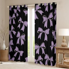 Feelyou Cute Ribbon Bow Curtains Purple Kawaii Bowknot Window Drapes Treatments for Kids Boys Girls Watercolor Bow Window Drapes Bowknot Grids Window Treatments, 42W X 84L,2 Panels,30%-50% Blackout