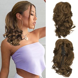 Cybelleza 14 inch Ponytail Hair Extension Curly Wavy Claw Jaw on Long Short Cute Pony Tails Clip in Hair Extensions Ponytail Hairpieces Synthetic for Women, Ash Brown