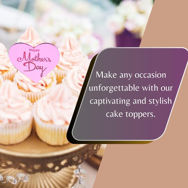 6x Mother's Day Acrylic Cupcake Toppers - Heart Shaped Gold