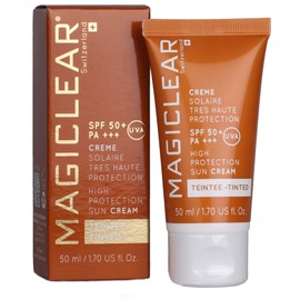 Luxury TINTED Sunscreen for face SPF 50 PA +++ Like BB cream with spf hight protection. Moisturizer Organic Mineral Anti age Facial daily Sunblock Best Swiss brand Magiclear 1.7 Oz