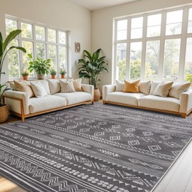 Terrug Boho Area Rug for Living Room, Dark Grey 5x7 Washable Rugs with Non Slip Backing for Bedroom, Soft Geomtric Stain Resistant Moroccan Carpet for Dining Room Floor Decor