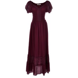 ANNA-KACI Peasant Maiden Boho Inspired Cap Sleeve Lace Trim Maxi Dress, Burgundy, Small
