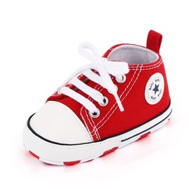 XYLUIGI Baby Boys Girls Lace Up Canvas Sneakers Soft Sole Ankle Infant First Walkers Crib Denim Shoes, Red 6-12 Months
