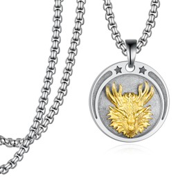 Hantuorui Dragon Necklace for Men - 925 Sterling Silver & 14K Yellow Gold Dragon Pendant - 22" to 24" Chain - Men's Pendant Necklaces - Unisex - Ancient, Retro, Elegant Style