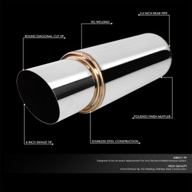 DNA MOTORING EXA-MF-006-T1 4.9" OD Stainless Steel Straight Through Exhaust Muffler Diagonal Cut Universal, 4" Outlet, 2.5" Inlet