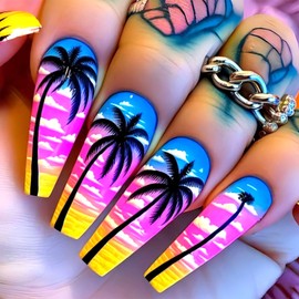 LWTZLW Summer Press on Nails Medium Square False Nails Coconut Tree Pattern Full Cover Glue ons Nails Short Coffin Acrylic Fake Nail Glossy Artificial Blue Pink Nail Reusable for Women