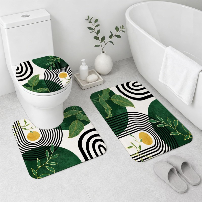 4Pcs Green Bathroom Sets with Shower Curtain and Rugs, Mid