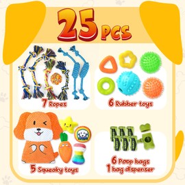 KIPRITII Puppy Toys for Dog Teething-25 Pack Exclusive Puppy Dog Chew Toys for Boredom with Rope Toys, Dog Treat Balls & Dog Toy for Puppy and Small Dogs, Hold a Bottle