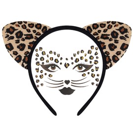 Ewaycom Cheetah Ears Headband with Tattoos Women Leopard Ear Hairband and Face Stickers Leopard Costume Accessories Birthday Cat Cosplay Party Supplies