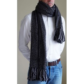 Tumia LAC - Thick Striped, Extra Long Comfortable Scarf - Handmade and Very Warm? Unisex, Black and Grey