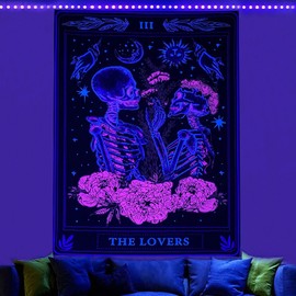 Naykow Blacklight Skull Tapestry Purple Blue Flower Gothic Grunge Dark Witchy Skull Tapestry Wall Hanging UV Reactive Skeleton Tapestry for Bedroom Aesthetic Alt Room (30x40 inches vertical)