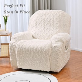 JOKIVTOU Recliner Chair Covers 4-Pieces, Soft, Stretchable, White, Modern Home Decor, Furniture Protector with Elastic Straps Bottom, Storage Pocket on Arm Cover