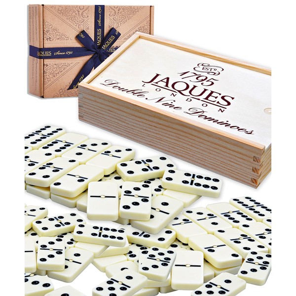 Jaques of London Dominoes - Club Double Nine Dominoes Set in Wooden Lid Slide D9 Box…