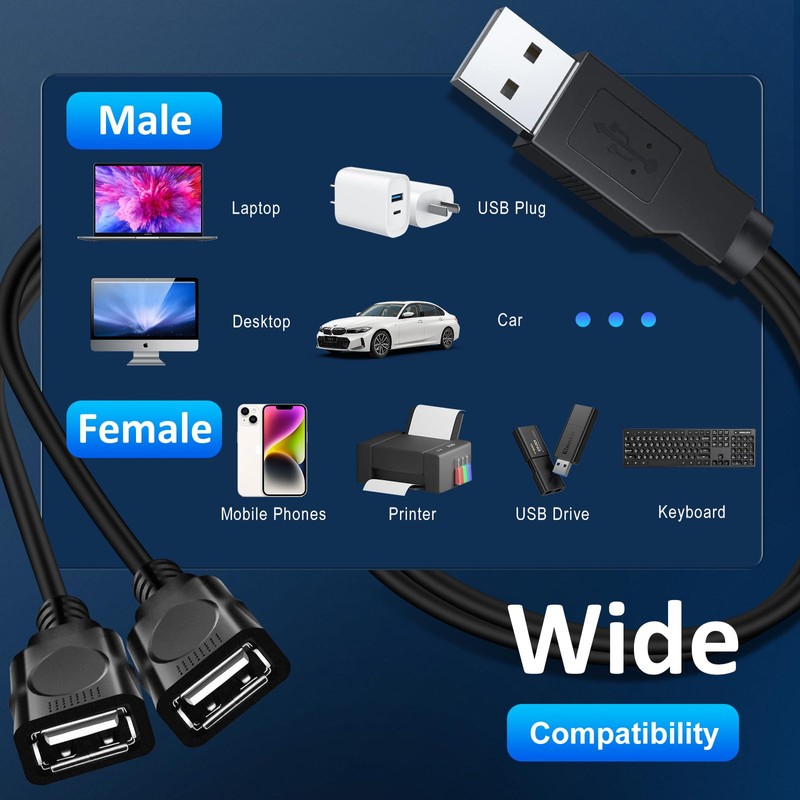 Usb splitter Male to Dual USB Female Cable Adapter, for