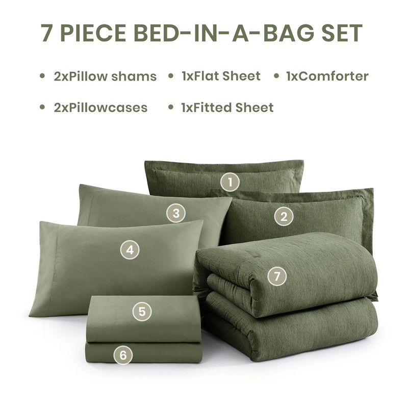Monbix Queen Comforter Set - 7 Pieces Cationic Dyeing Olive