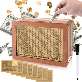 Homgaty Money Box for Cash Gift with Counter, Reusable Wooden Piggy Bank for Teenager Adults Retro Money Bank with 500 1000 2000 3000 5000 10000 Money Saving Challenge Target, Wooden Money Bank