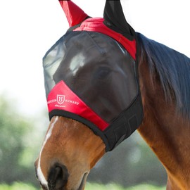 Harrison Howard Pro Luminous Horse Fly Mask Standard with Ears UV Protection for Horse Scarlet Red/Black Large Full Size