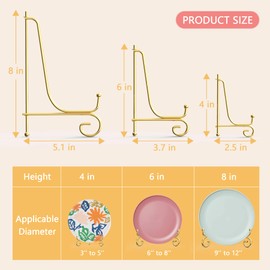 Tnnluku 6 Pack 3 Size Iron Display Stand, Gold Easel Plate Display Photo Holder Stand, Displays Picture Frams, Decorative Plates, Tablets, Books and Artworks (4, 6, 8 Inch)