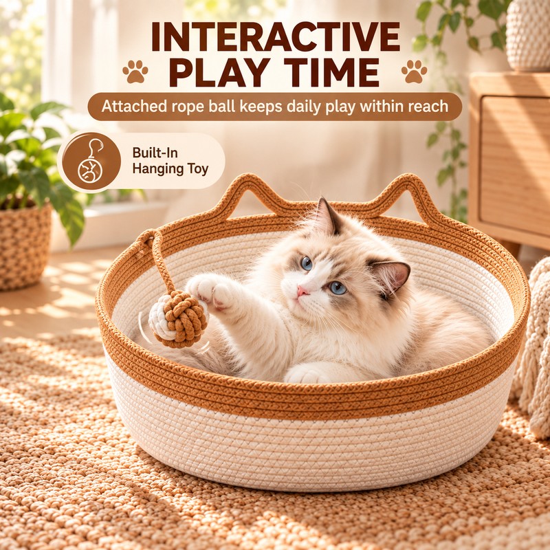 Interactive Woven Cat Bed with Toy Tail – 3-in-1 Cotton