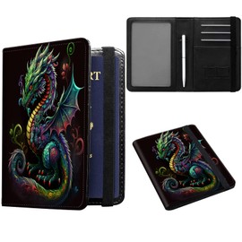 JANENFNA Passport and Vaccine Card Holder, Travel Wallet RFID Blocking PU Leather Case Cover with Vaccine Card Protector Slot with Pen, for Women and Men, Colorful Cute Chineese Dragon