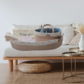 Baby Changing Moses Boho Tassels Basket - Waterproof Pad,Diaper Caddy,Removable Cover, Safety Belt-Set of 6 Pcs,Handmade 100% CottonRope. Nursery Decor, Portable Diaper Table Topper. (Multicolor)