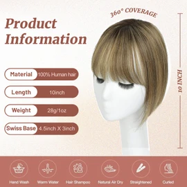 HOLFWALF Hair Toppers for Women Real Human Hair 4.5"x 3"Swiss Base Hairpieces, Human Hair Toppers for Women with Bangs (Medium Brown Mix Blonde with Dark Brown Root)