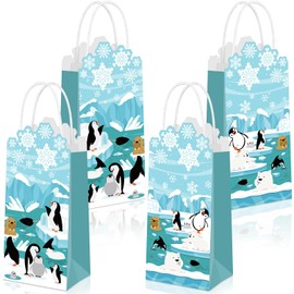 TecUnite 16 Pcs Polar Animals Goodie Bags Winter Party Favor Bags Snowflakes Gift Bags Penguins Treat Bag Blue Paper Bags with Handles Christmas Candy Bags for Birthday Holiday Party Supplies