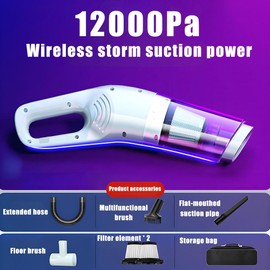Car Handheld Vacuum Cordless Cleaner, 12000Pa Strong Suction Rechargeable Portable Vacuum with Multi-Attachments/Washable Filter for Pet Hair, Home, Office Cleaning