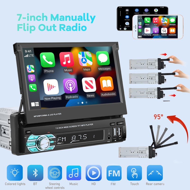 Single Din Flip Out Screen Car Stereo with Wireless Carplay