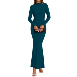 dowerme Fall Dresses for Women 2025 Formal Mock Neck Long Sleeve Ruched Knit Bodycon Mermaid Maxi Wedding Guest Dress(Malachite Green,Large)