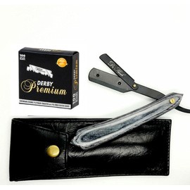 Grey Wood Razor + 100 Half Derby Interchangeable Blades + Leather Pocuh for Men, Men's Razor Set for Barber and Hair Dresser