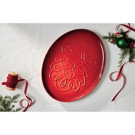 Le Creuset Stoneware Noel Collection: Oval Santa Cookie Platter, 14 oz., Cerise w/Embossed Design
