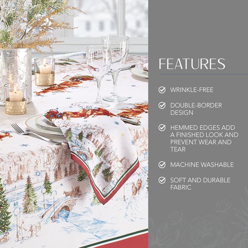 Elrene Home Fashions Santa’s Snowy Sleighride Fabric Tablecloth, 60" x
