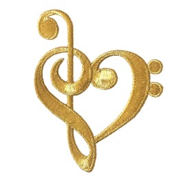ETDesign #E05209 Gold Love Music, Music Notes, Treble & Bass Clef Heart Iron On Embroidery Applique Patch (Size:3.15" by 2.85")
