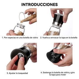 2Pzas de Molinillo Manual de Sal y Pimienta, Molinillo de Sal Marina de el Plastico Ajustable y Molinillo de Pimienta de Acero Inoxidable, Molino Rellenable Manual para Sal, Pimienta o Especias