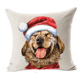 SPXUBZ Christmas Throw Pillow Cover Happy Golden Retriever Red Santa Hat Dog Style Linen Square Pillowcase Home Decor Cushion for Sofa Bed Chair Couch 18x18 Inch (Two Sides Print)