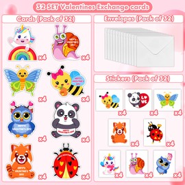 Mczan 32Pack Valentines Day Cards for Kids Classroom, Animal Valentines Cards with Tattoos Envelopes, Happy Valentines Exchange Cards for School Party Favors Gifts