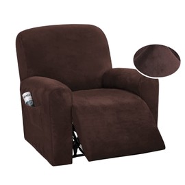 QQJIN Velvet Recliner Chair Cover with Side Pocket, 4 Piece Non Slip Recliner Cover, 1 Seat Stretch Recliner Protector Form Fitted Thick Soft Washable for Living Room, Pet, Kids,Brown