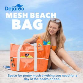 Dejaroo Sand Free Mesh Bag - Strong Lightweight Tote For Beach & Vacation Essentials. Tons of Storage with 8 Pockets, Foldable, 17x9x15 inches, Neon Orange with White Strap