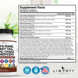 Liberty Lifestyle Lions Mane Mushroom Supplement with Turkey Tail Reishi Cordyceps Chaga with Marshmallow Root - 3-Pack