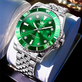 OLEVS Watch Men,Silver and Green Watches for Men,Mens Green Watch,Men Watches Green Face,Two Tone Mens Watch,Big Face Mens Watches with Date,Luxury Watches for Men Diamond,Relojes para Hombres