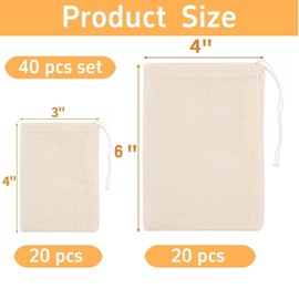 [40PCS Natural] Reusable Cotton Muslin Drawstring Bags – 20pcs 4x6" + 20pcs 3x4" Unbleached Tea Filter Bags for Loose Leaf Tea,Herbs,Spices,Soup,Cold Brew Coffee,DIY Sachets,Eco-Friendly & Washable