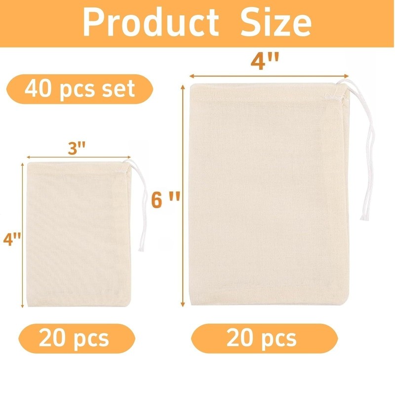 [40PCS Natural] Reusable Cotton Muslin Drawstring Bags – 20pcs 4x6"