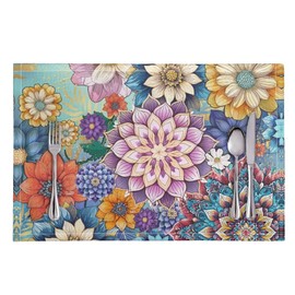 NETILGEN Reusable Table Place Mats 8 Pieces Set, Anti-Skid Oil-Proof Woven Vinyl PVC Heat Resistant Placemats for Home Indoor Dining Home Decorations, Blooming Flower Purple Yellow