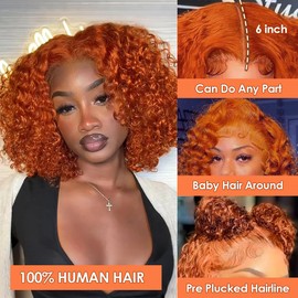 Punmasa 14 Inch Ginger Curly Bob Wig 13x6 Frontal Lace Wig 200% Density HD Lace Front Wigs Human Hair for Women Deep Curly Short Bob Wigs 100% Real Human Hair Wig 350#