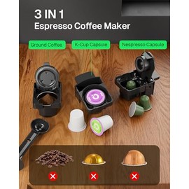 HBN 3-in-1 for Nespresso Capsule & K-Cup Pods & Ground Coffee Multi Coffee Maker Single Serve, 19Bar Programmable One-Touch Brewing Espresso Machine, 20oz Removable Water Tank, 1450W Fast Heat