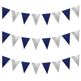 Meetppy Royal Blue Silver Party Decorations 3 Pack Navy Blue and Silver Triangle Pennant Banner Flag Paper Bunting Garland for Opening Graduation Birthday Party Decoration Festival