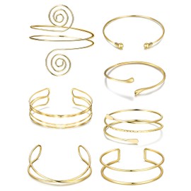 FEYIR 7 Pcs Arm Cuff Jewelry for Women Gold Upper Arm Bracelet Bangle Band Armlet Adjustable Armband Set