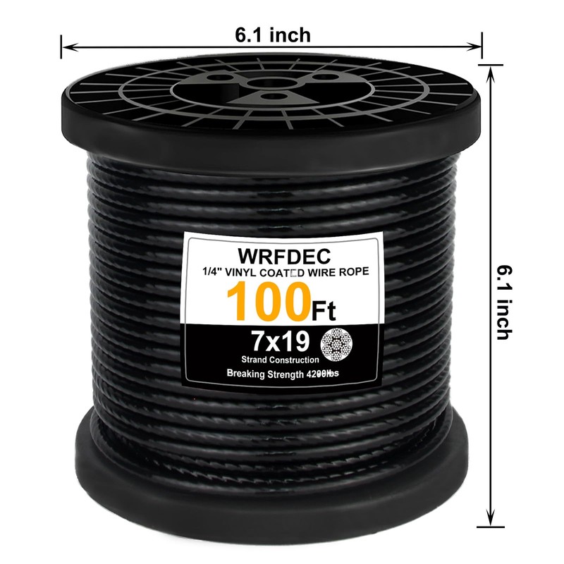 WRFDEC 100Ft 1/4" Black Vinyl Coated Wire Rope,7x19 Strand Aircraft